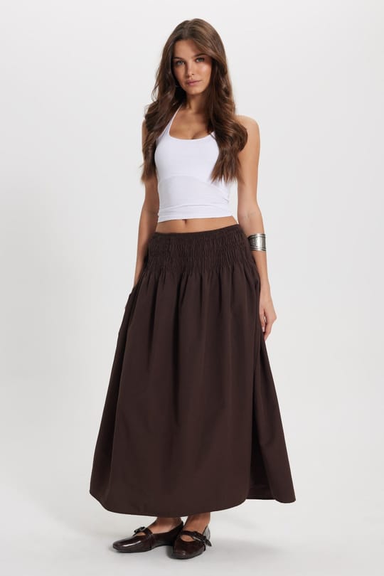 Kadın Slim Fit Dar Kesim Pamuklu Beli Lastikli Kahverengi Etek