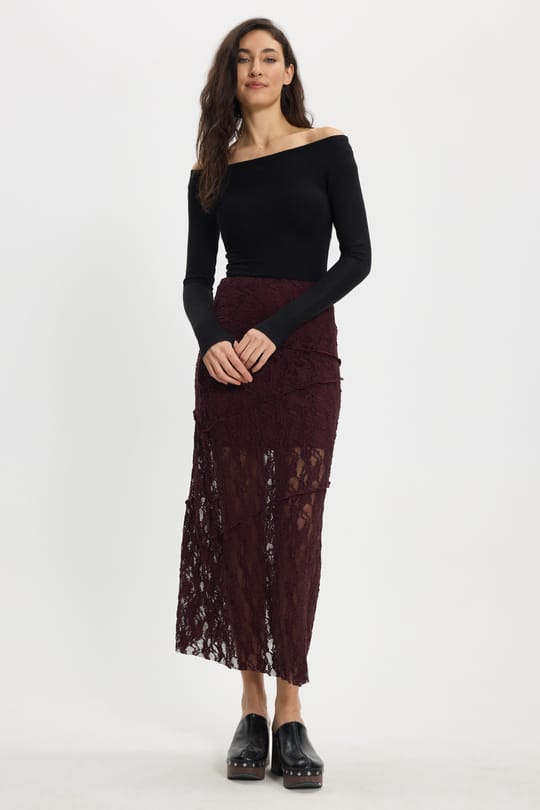 Kadın Slim Fit Dar Kesim Lastikli Yüksek Bel Dantelli Kahverengi Etek 
