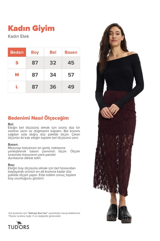 Kadın Slim Fit Dar Kesim Lastikli Yüksek Bel Dantelli Kahverengi Etek