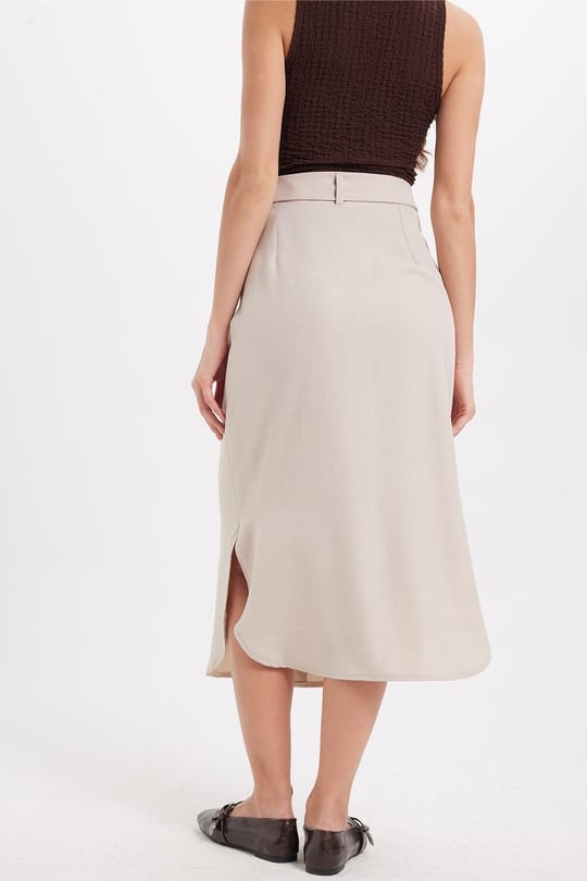 Kadın Slim Fit Dar Kesim Pileli Pamuklu Ön Düğme Kapamalı Kuşaklı Yırtmaçlı Taş Etek 