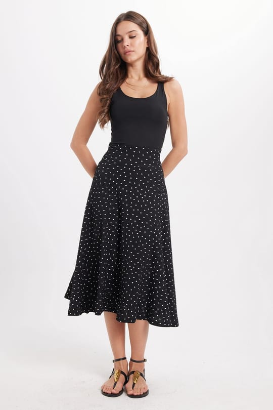 Kadın Slim Fit Dar Kesim Yüksek Bel Puantiyeli Pamuklu Siyah Etek 