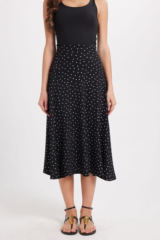 Kadın Slim Fit Dar Kesim Yüksek Bel Puantiyeli Pamuklu Siyah Etek 