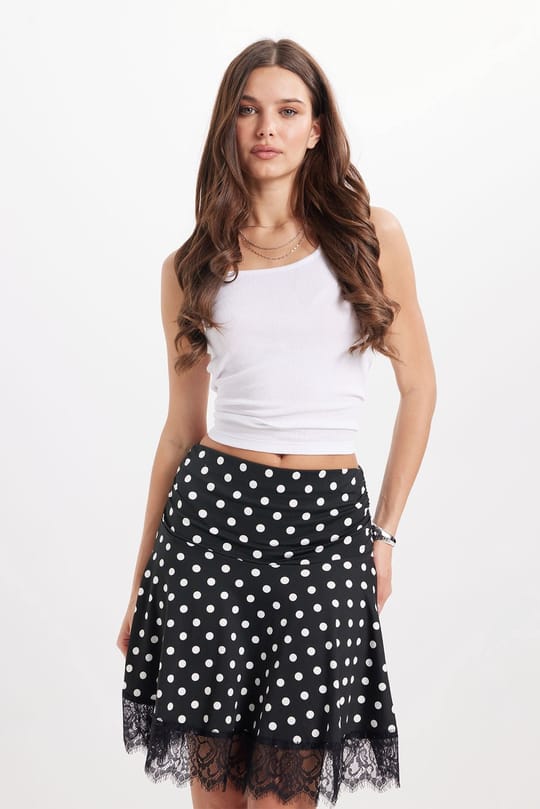 Kadın Slim Fit Dar Kesim Korse Detaylı Puantiyeli Likralı Dantelli Siyah Kısa Mini Etek