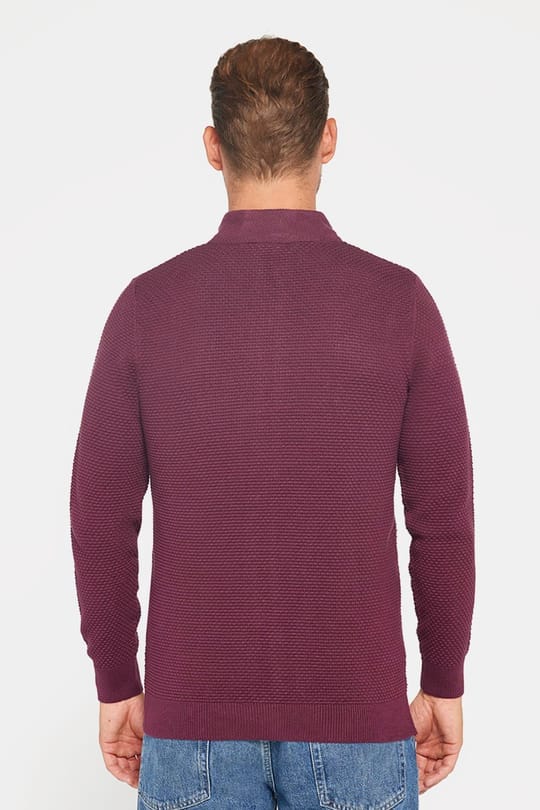 Erkek Standart Fit Normal Kesim Desenli Yarım Balıkçı Yaka Fermuarlı Bordo Hırka
