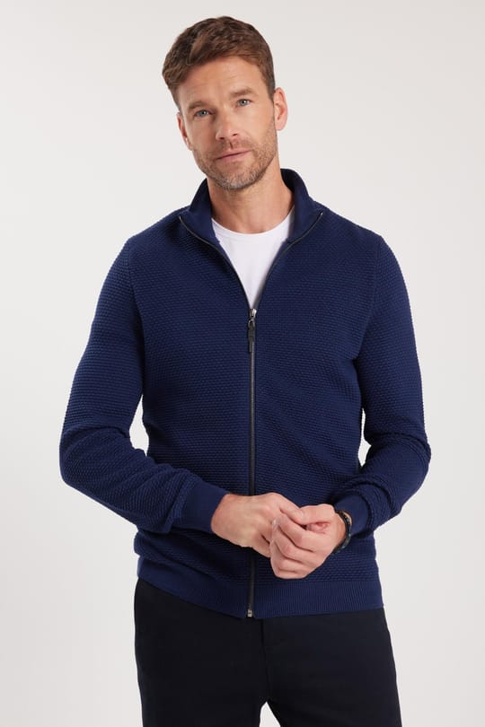 Erkek Standart Fit Normal Kesim Desenli Yarım Balıkçı Yaka Fermuarlı Lacivert Hırka