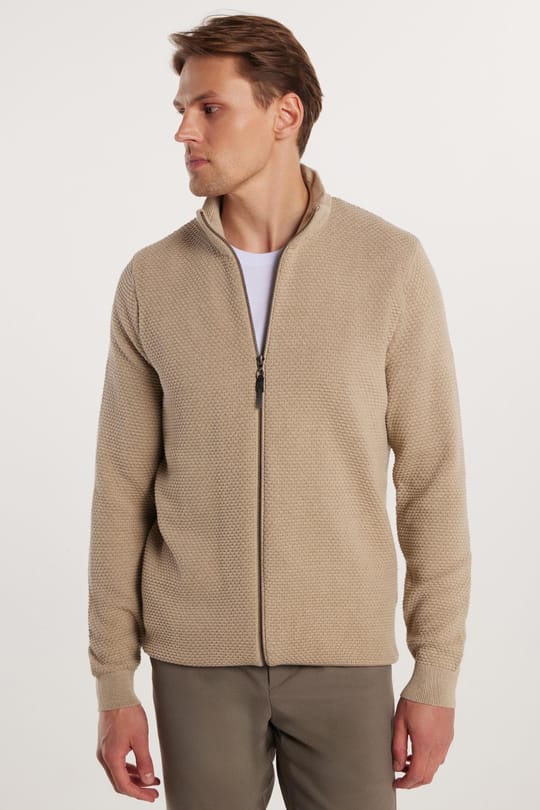 Erkek Standart Fit Normal Kesim Desenli Yarım Balıkçı Yaka Fermuarlı Bej Hırka