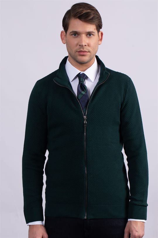 Erkek Standart Fit Normal Kesim Desenli Yarım Balıkçı Yaka Fermuarlı Yeşil Hırka