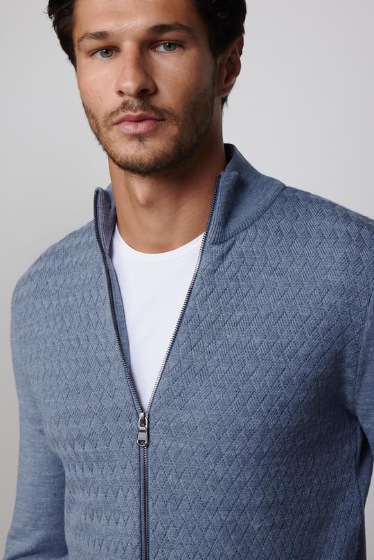Slim Fit Desenli Dik Yaka Fermuarlı İndigo Erkek Hırka