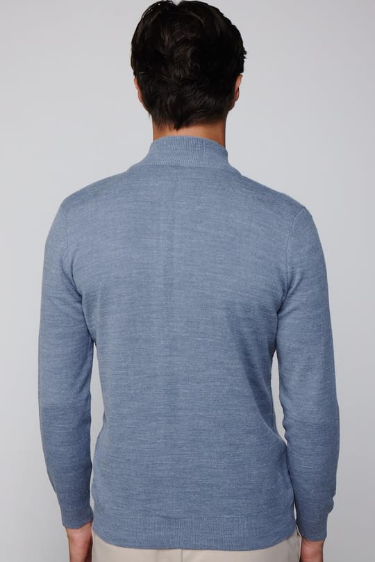 Slim Fit Desenli Dik Yaka Fermuarlı İndigo Erkek Hırka