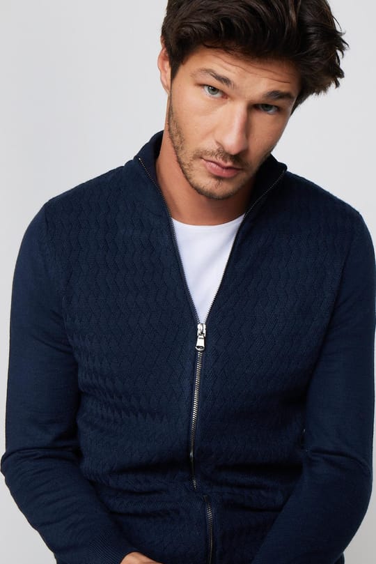Slim Fit Desenli Dik Yaka Fermuarlı Lacivert Erkek Hırka