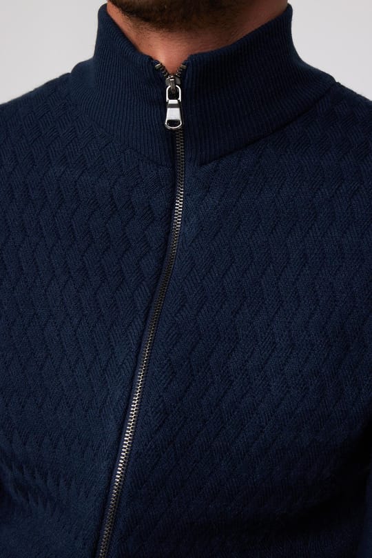 Slim Fit Desenli Dik Yaka Fermuarlı Lacivert Erkek Hırka