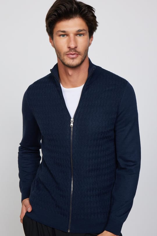 Slim Fit Desenli Dik Yaka Fermuarlı Lacivert Erkek Hırka