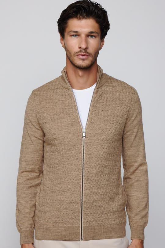 Slim Fit Desenli Dik Yaka Fermuarlı Krem Erkek Hırka
