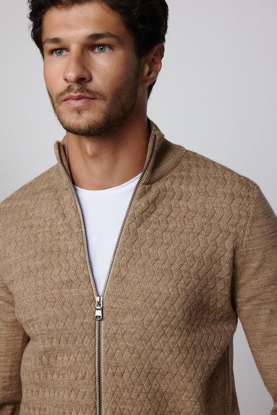 Slim Fit Desenli Dik Yaka Fermuarlı Krem Erkek Hırka