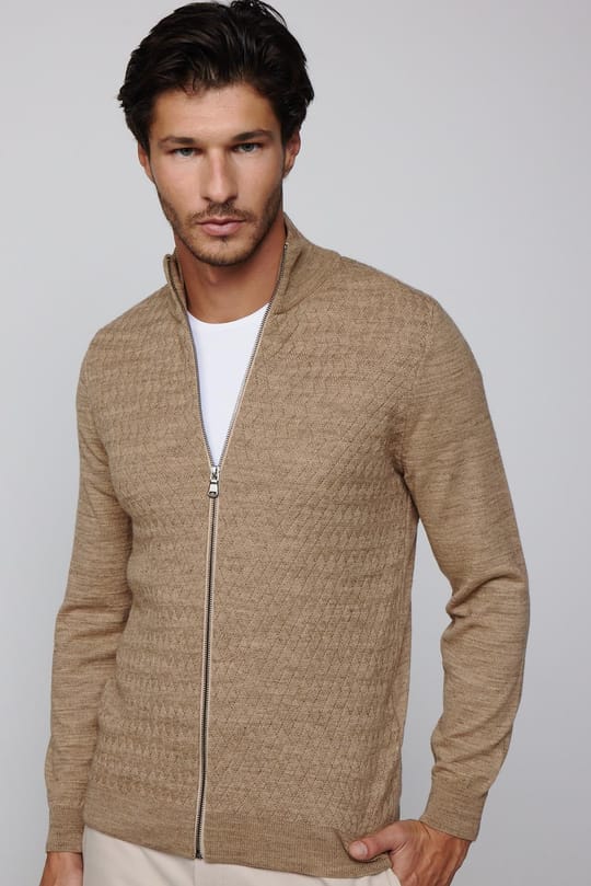 Slim Fit Desenli Dik Yaka Fermuarlı Krem Erkek Hırka