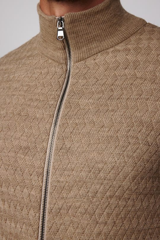 Slim Fit Desenli Dik Yaka Fermuarlı Krem Erkek Hırka