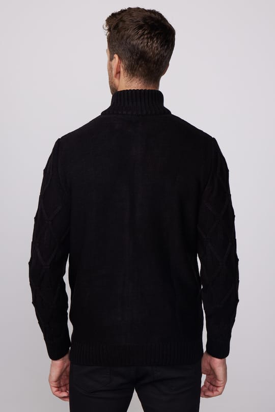 Erkek Slim Fit Desenli Dik Yaka Fermuarlı Siyah Hırka