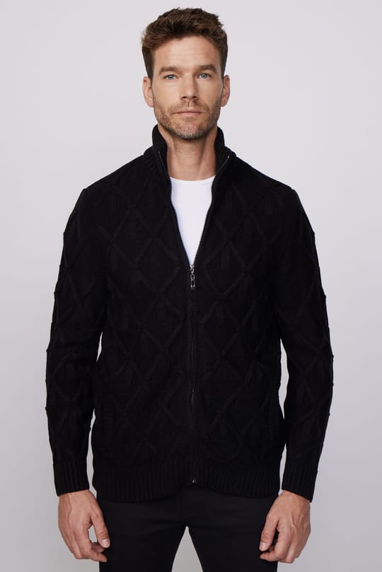 Erkek Slim Fit Desenli Dik Yaka Fermuarlı Siyah Hırka