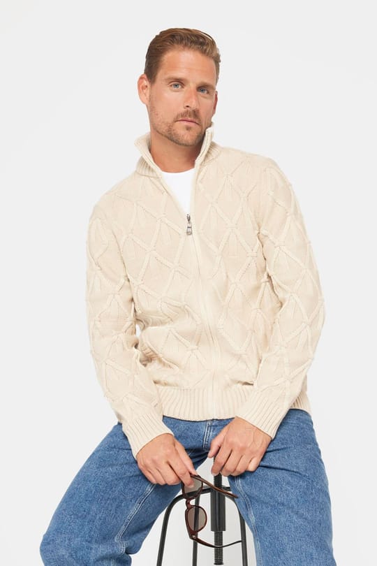 Slim Fit Desenli Dik Yaka Fermuarlı Erkek Bej Hırka