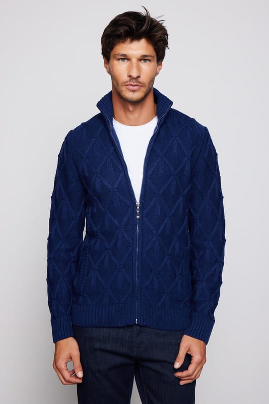 Erkek Slim Fit Desenli Dik Yaka Fermuarlı Sax Mavi Hırka