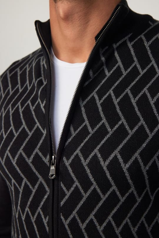Erkek Slim Fit Dar Kesim Yarım Balıkçı Yaka Fermuarlı Önü Desenli Hırka