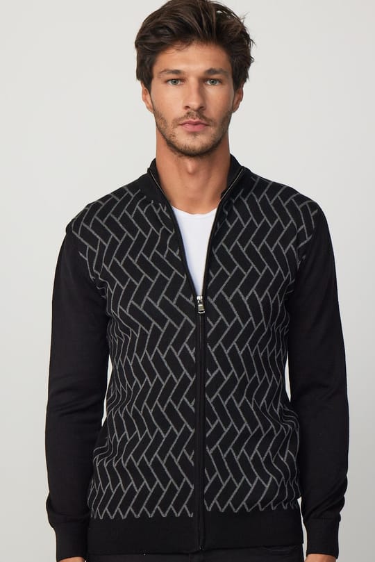 Erkek Slim Fit Dar Kesim Yarım Balıkçı Yaka Fermuarlı Önü Desenli Hırka