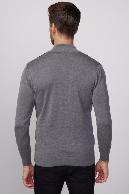 Erkek Slim Fit Dar Kesim Yarım Balıkçı Yaka Fermuarlı Önü Desenli Gri-Siyah Hırka