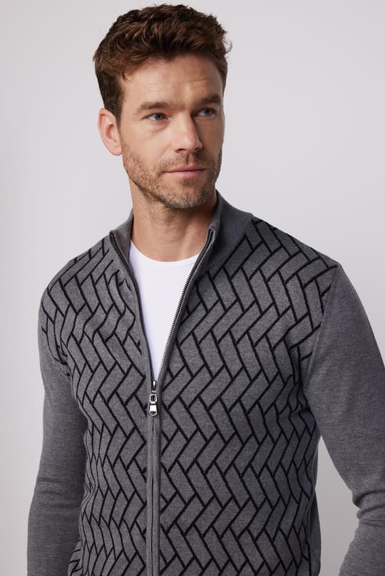 Erkek Slim Fit Dar Kesim Yarım Balıkçı Yaka Fermuarlı Önü Desenli Gri-Siyah Hırka