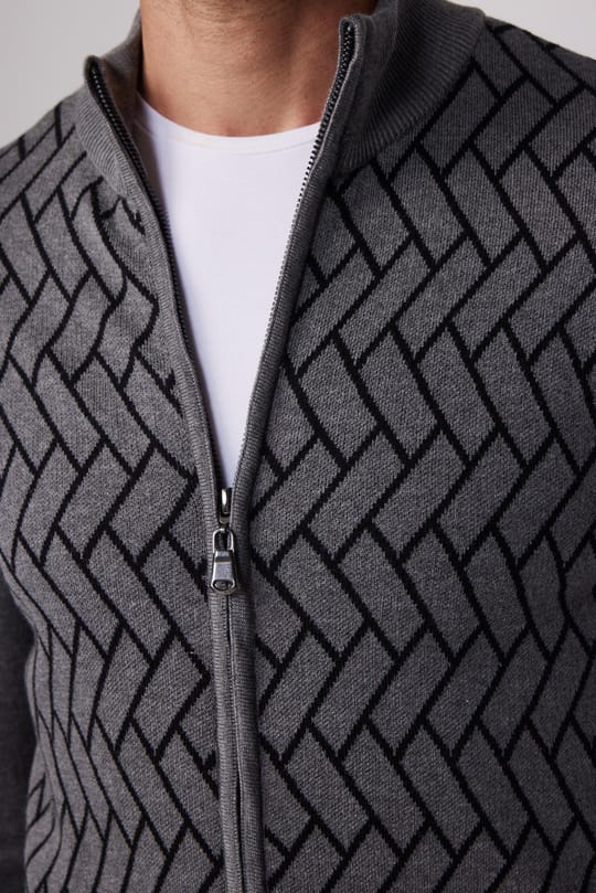 Erkek Slim Fit Dar Kesim Yarım Balıkçı Yaka Fermuarlı Önü Desenli Gri-Siyah Hırka