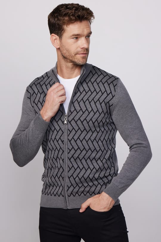Erkek Slim Fit Dar Kesim Yarım Balıkçı Yaka Fermuarlı Önü Desenli Gri-Siyah Hırka