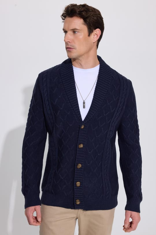 Slim Fit Dar Kesim Desenli Yumuşak Dokulu Düğmeli Lacivert Erkek Hırka
