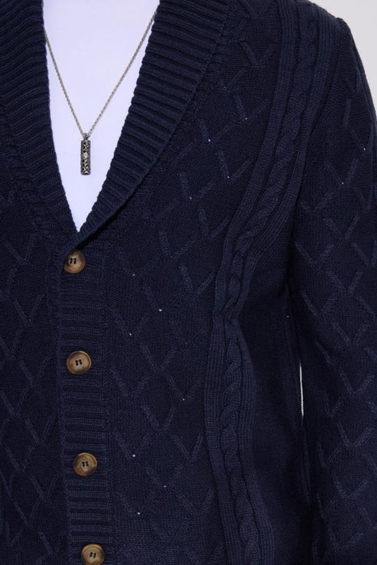 Slim Fit Dar Kesim Desenli Yumuşak Dokulu Düğmeli Lacivert Erkek Hırka