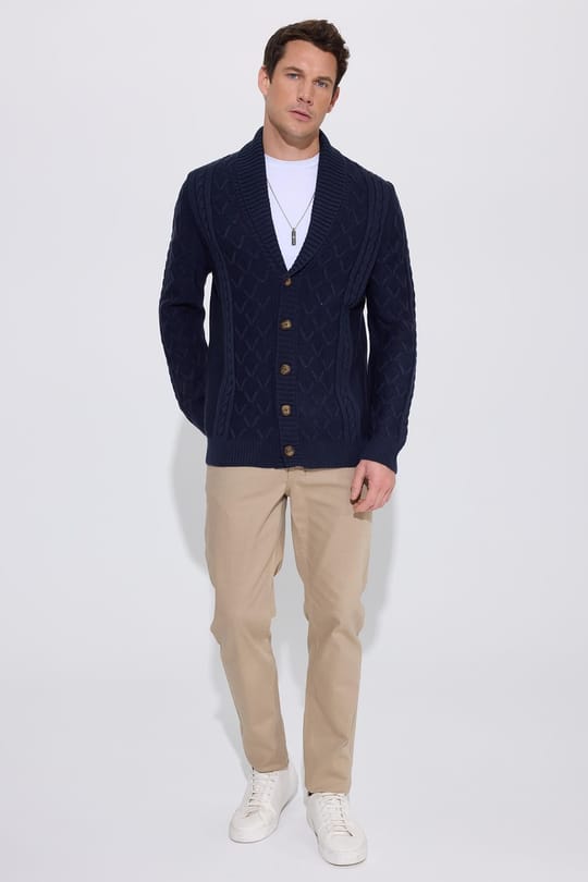 Slim Fit Dar Kesim Desenli Yumuşak Dokulu Düğmeli Lacivert Erkek Hırka