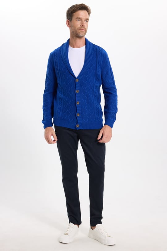 Slim Fit Dar Kesim Desenli Yumuşak Dokulu Düğmeli Sax Mavi Erkek Hırka