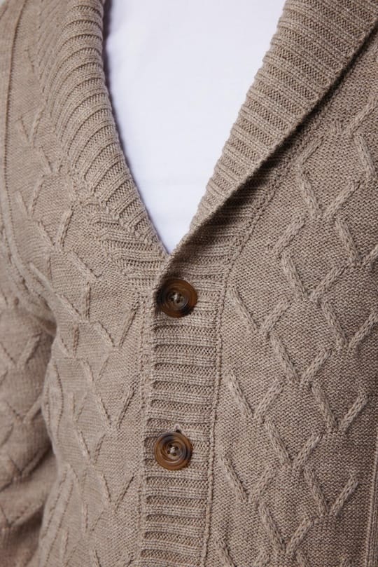 Slim Fit Dar Kesim Desenli Yumuşak Dokulu Düğmeli Kahverengi Erkek Hırka