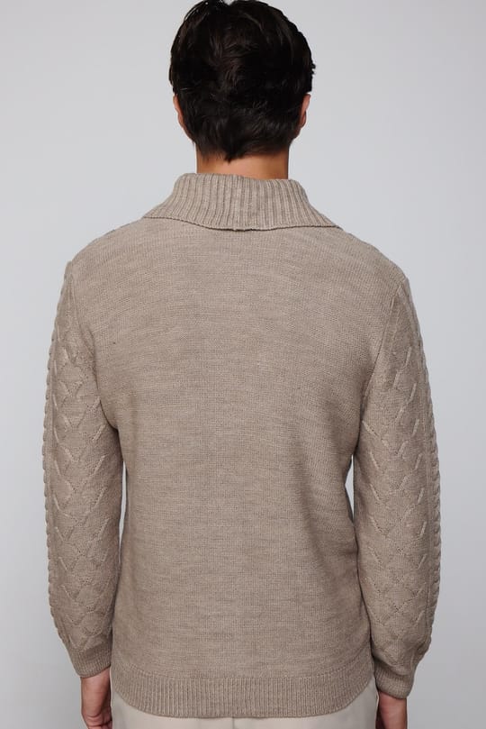 Slim Fit Dar Kesim Desenli Yumuşak Dokulu Düğmeli Kahverengi Erkek Hırka