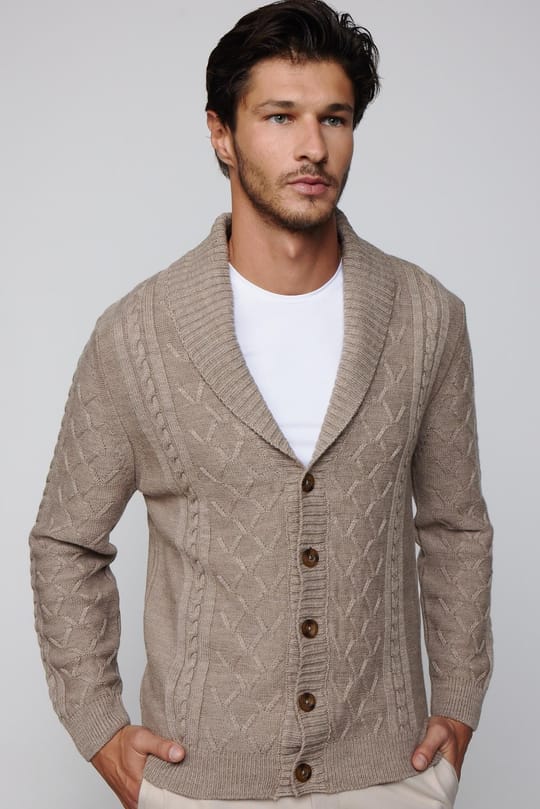 Slim Fit Dar Kesim Desenli Yumuşak Dokulu Düğmeli Kahverengi Erkek Hırka
