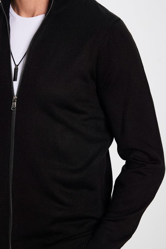 Erkek Slim Fit Dar Kesim Siyah Dik Yaka Fermuarlı Düz Hırka