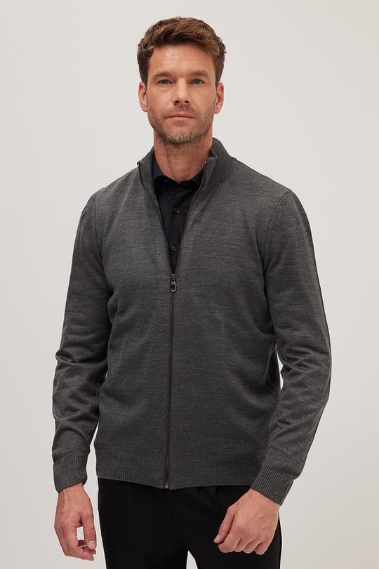 Erkek Slim Fit Dar Kesim Gri Dik Yaka Fermuarlı Düz Hırka