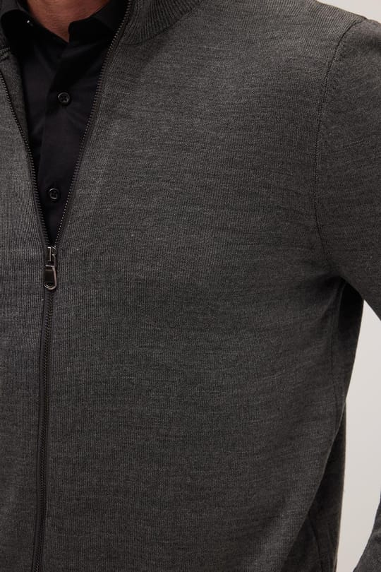 Erkek Slim Fit Dar Kesim Gri Dik Yaka Fermuarlı Düz Hırka
