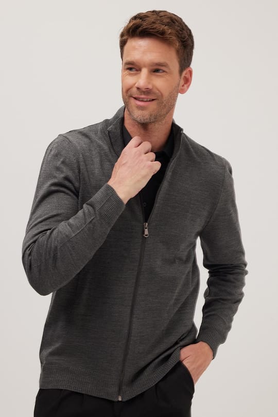 Erkek Slim Fit Dar Kesim Dik Yaka Fermuarlı Düz Hırka