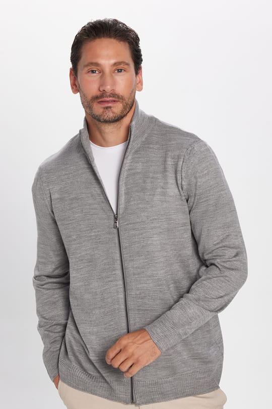 Erkek Slim Fit Dar Kesim Gri Dik Yaka Fermuarlı Düz Hırka