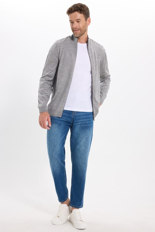 Erkek Slim Fit Dar Kesim Açık Gri Dik Yaka Fermuarlı Düz Hırka