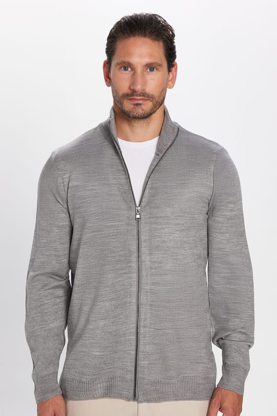 Erkek Slim Fit Dar Kesim Açık Gri Dik Yaka Fermuarlı Düz Hırka