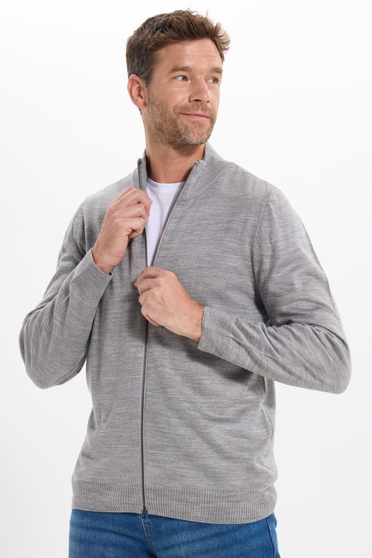 Erkek Slim Fit Dar Kesim Açık Gri Dik Yaka Fermuarlı Düz Hırka