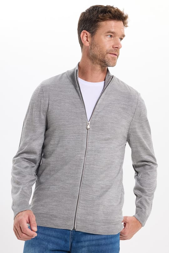 Erkek Slim Fit Dar Kesim Açık Gri Dik Yaka Fermuarlı Düz Hırka