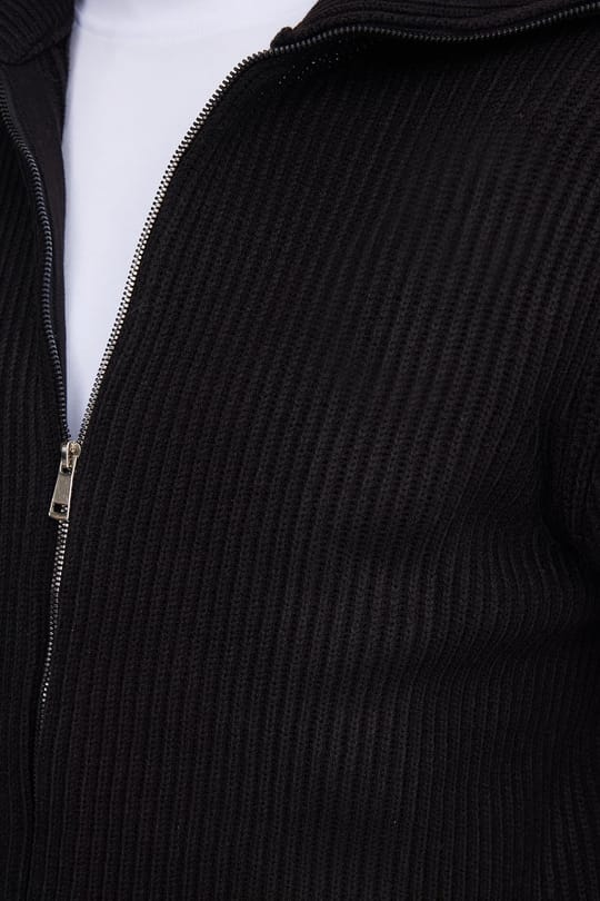 Erkek Slim Fit Dik Yaka Fermuarlı Siyah Düz Hırka
