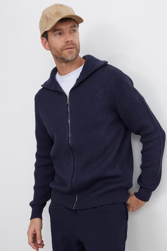 Erkek Slim Fit Dik Yaka Fermuarlı Lacivert Düz Hırka