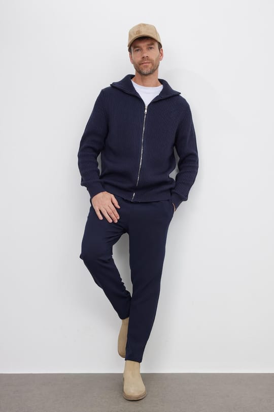 Erkek Slim Fit Dik Yaka Fermuarlı Lacivert Düz Hırka