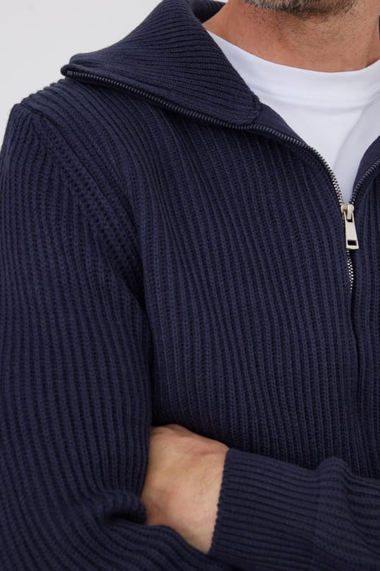 Erkek Slim Fit Dik Yaka Fermuarlı Lacivert Düz Hırka